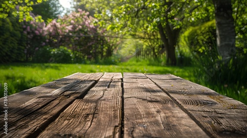 A wooden table sits in a garden, surrounded by empty space. It's springtime, and the air is warm.