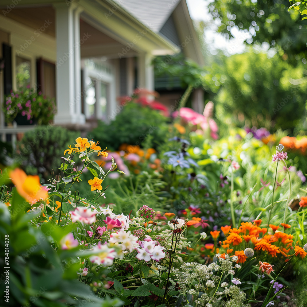 Fototapeta premium Lush Garden Bed in Full Bloom Against Picturesque Suburban Home, AI Generation