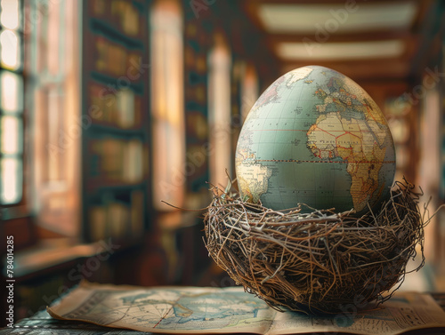 A globe is sitting on top of a nest of twigs. The image has a calm and peaceful mood, as the globe and nest are both natural elements