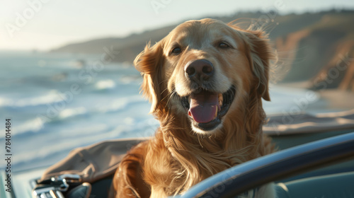 A dog is sitting in a car with its mouth open, looking out the window at the ocean