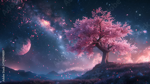 A tree with pink blossoms is in a field with a moon and stars in the background. The scene is peaceful and serene, with the tree standing tall and proud in the midst of the vast sky photo