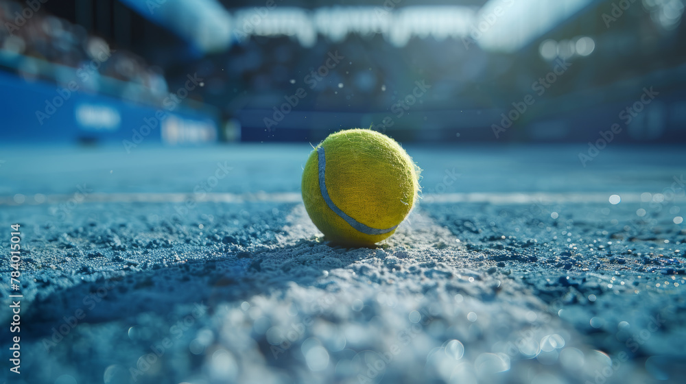 A tennis ball is on the court. The ball is yellow and blue