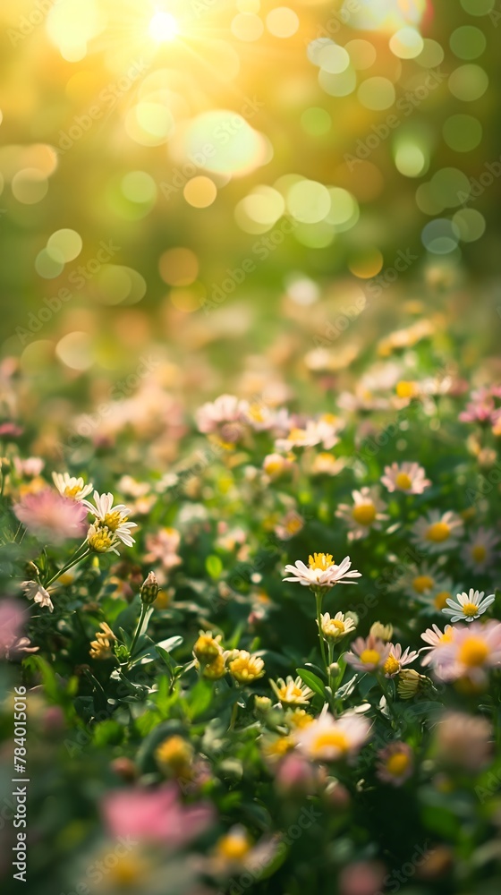Fototapeta premium Wunderschöne Frühlingsblumen um einen Bokeh-Hintergrund, Platz für Text, Draufsicht, frisch, schön