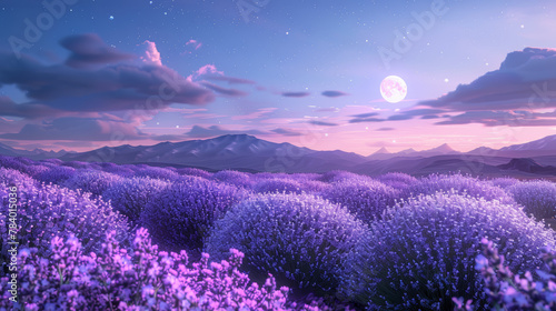 A field of lavender flowers with a full moon in the sky