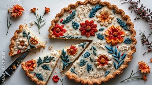  A tight shot of a flower-adorned pie and a knife nearby on the table