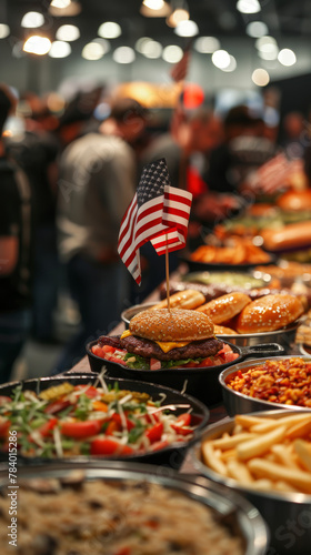 A table full of food and a flag on top of a hamburger. The table is crowded with people and the mood is festive
