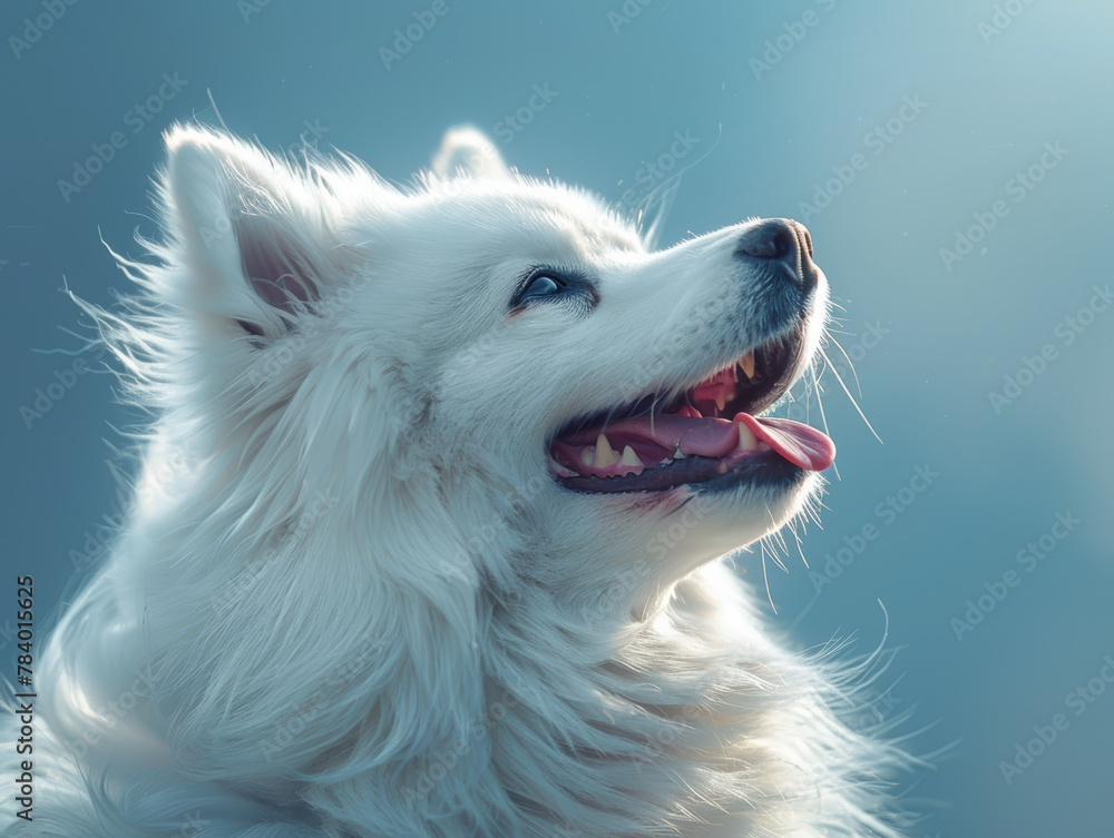 A white dog with a long, fluffy coat is smiling and has its tongue out. The dog's mouth is open, revealing its teeth, and it is enjoying the moment. Concept of happiness and playfulness