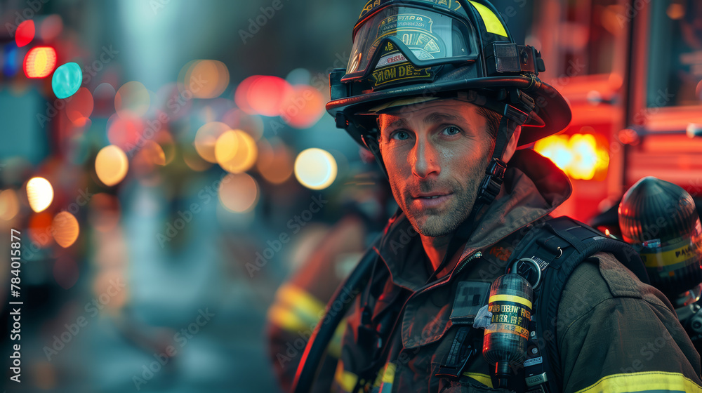 A man in a fireman's hat is standing in front of a fire truck. The scene is set in a city with lots of traffic and bright lights. The man is smiling and he is proud of his job