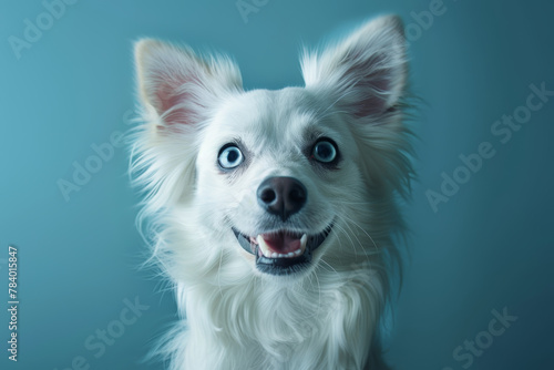 A white dog with blue eyes is smiling and looking at the camera. The dog's fur is long and fluffy, giving it a cute and cuddly appearance © Kowit