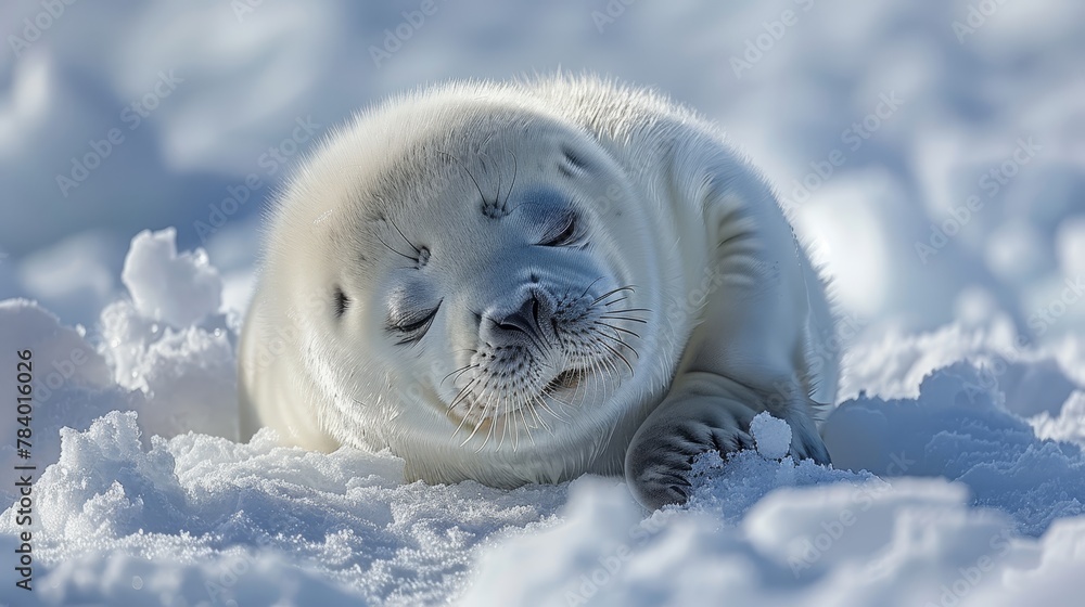 Fototapeta premium A baby seal rests in the snow, atop a mound of white, foamy snow, with closed eyes