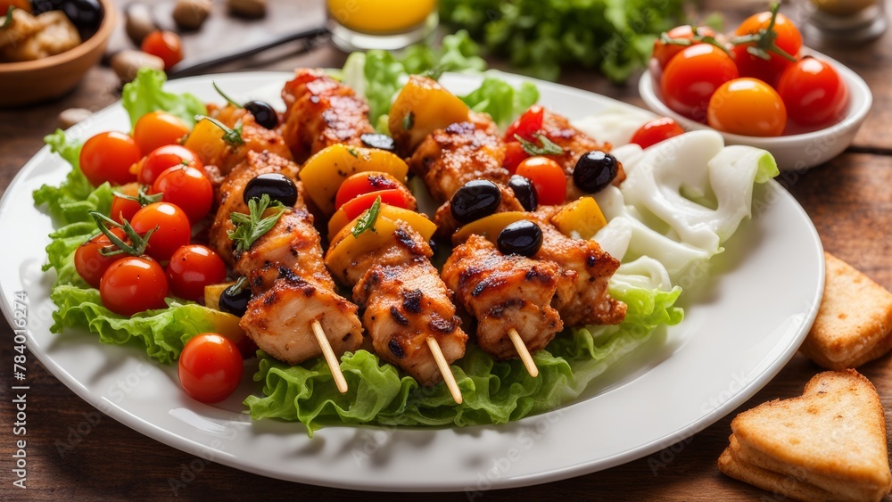 Chicken thigh on a skewer, covered with icing, sprinkled with olives, crispy lettuce leaves and bright cherry tomatoes. Chicken thigh on a skewer, covered with icing, sprinkled with olives, crispy lettuce leaves and bright cherry tomatoes.