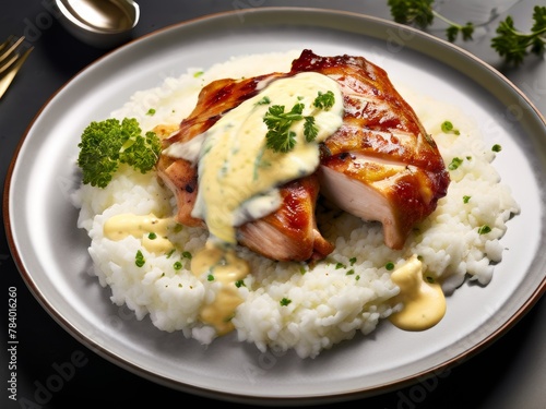 Chicken fillet covered with shiny bearnaise sauce.