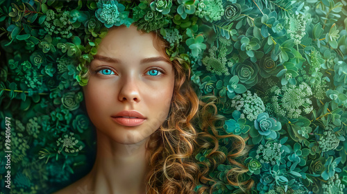 A young beautiful woman with long hair in eco-art style.