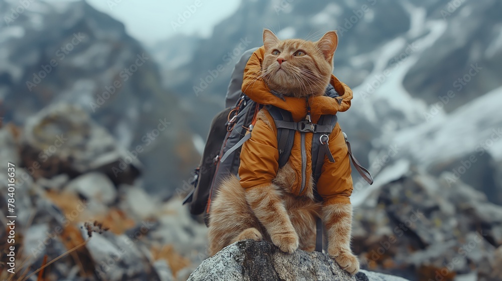 cat with a backpack on top of a mountain cat with a backpack on top of a mountain