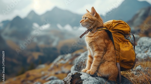 cat with a backpack on top of a mountain photo
