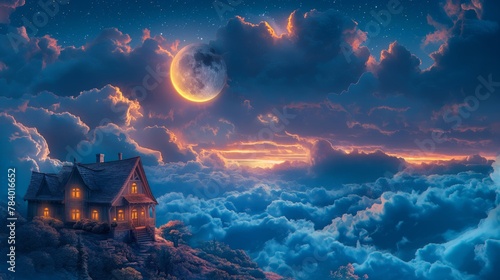 house on a part of a crescent moon in the sky with clouds