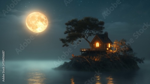 house on the tip of the moon at night in the sky