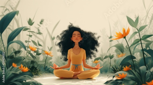 Wallpaper Mural female sitting in lotus pose and meditating against green plants in cartoon style Torontodigital.ca