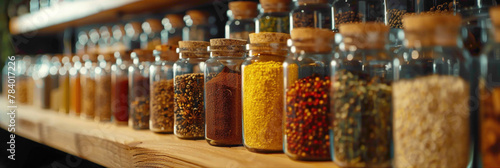 Macro shot of a collection of aromatic spices in a kitchen pantry, hyperrealistic photography of modern interior design