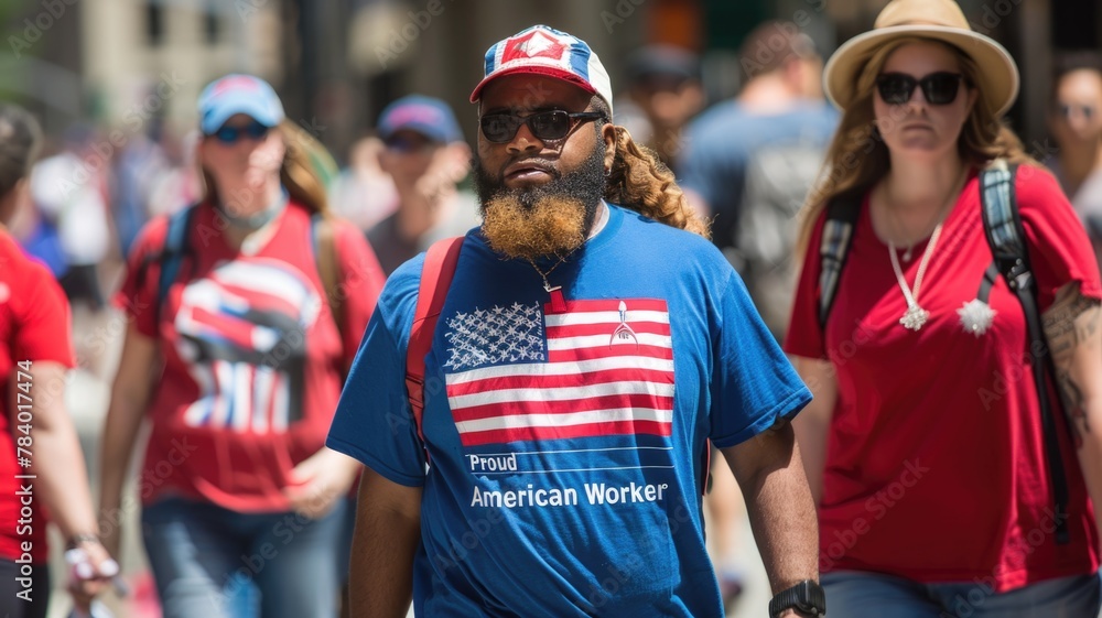 people wearing clothing with patriotic colors or shirts with slogans that honor labor, 