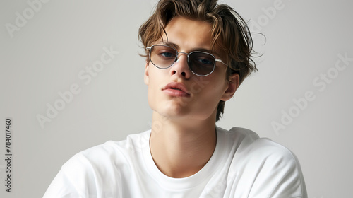 Young Male Model with Wavy Hair in Classic White T-shirt and Trendy Eyeglasses © Serge's AI Art