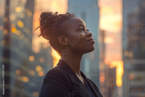 Glückliche, wohlhabende, reiche, erfolgreiche schwarze Geschäftsfrau, die bei Sonnenuntergang in der Straße moderner Wolkenkratzer der Großstadt, erfolgreiche Vision, Investitionsmöglichkeiten photo