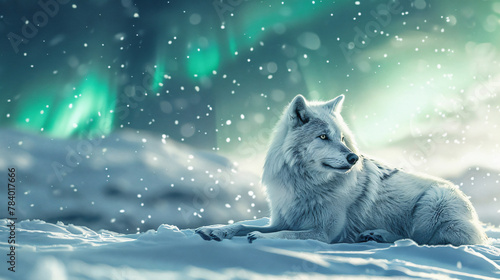 White wolf sitting in the snow