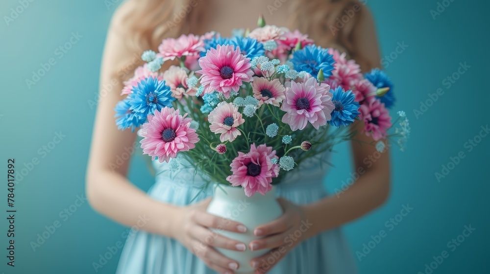   A woman holds a white vase with a bouquet of pink and blue daisies, dressed in blue