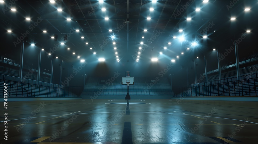 Illuminated Empty Basketball Court in Arena with Seating and Spotlight Flare Illuminated Empty Basketball Court in Arena with Seating and Spotlight Flare