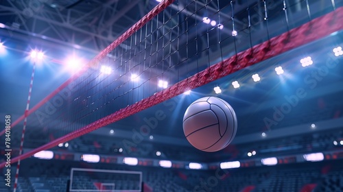 A 3D illustration of a volleyball ball and net in an arena during a match, capturing the competitive environment photo