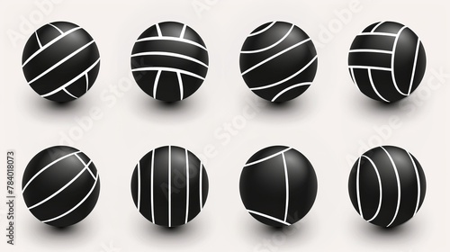 A collection of isolated volleyball ball icons in black, symbolizing the sport in a simple vector illustration format
