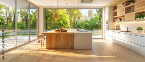 Bright modern kitchen with island, wooden floors, and a large window showcasing a nature view