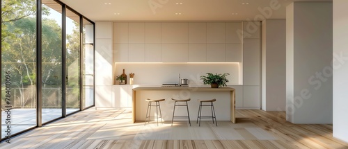 Modern Minimalist Kitchen Interior with Island and Nature View, Sunlit Spacious Residential Design