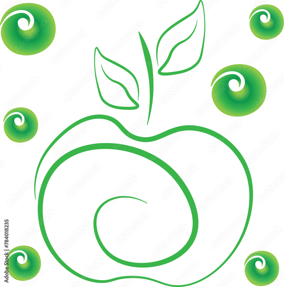 Abstract green apple with leaves drawn in a continuous line Abstract green apple with leaves drawn in a continuous line