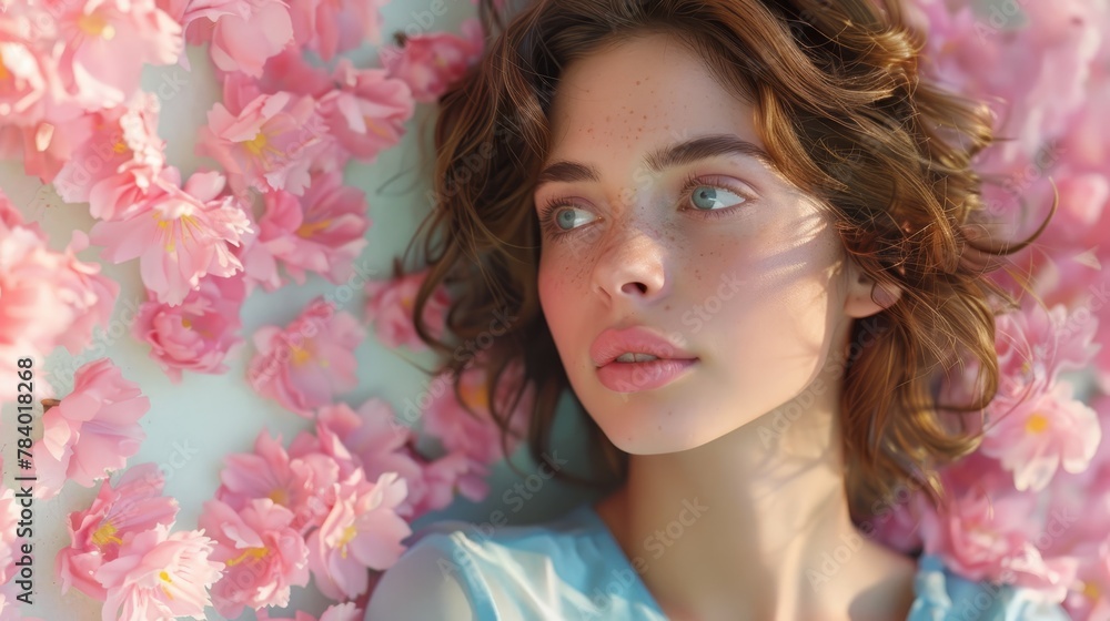  A woman with freckled hair reclines on a bed of pink flowers, their freckled petals framing her face