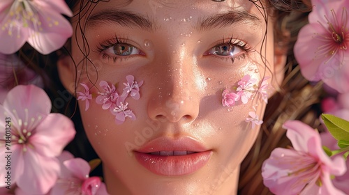  Woman's face surrounded by flowers, wet visage dripping with water