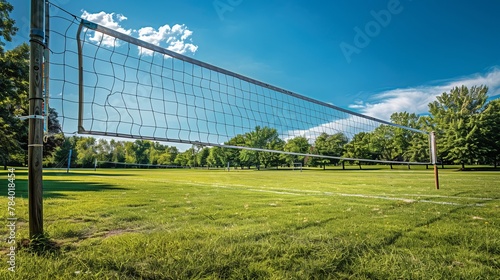 A volleyball net is suspended over a green sports field in a park on a clear summer day, providing a scenic and functional sport setting