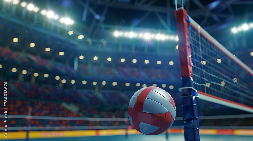 Another view of a volleyball ball and net in an arena during a match, depicted in a 3D illustration, emphasizing the game setting