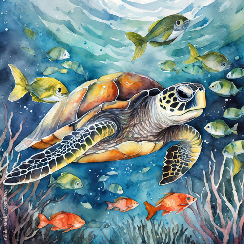 Sea turtle swimming in the sea, watercolor illustration.  © Bill
