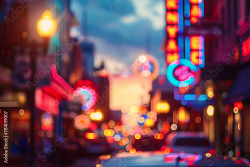 Shopping district with blurred the neon signs and illuminated storefronts casting a soft glow. Generative AI