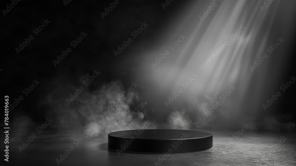 Black Podium with smoke background 3d rendering product display with spotlight