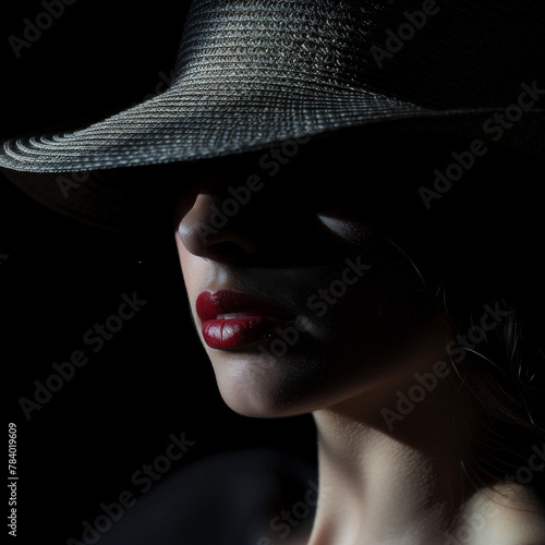 Beauty woman with hat on dark background-closeup photo