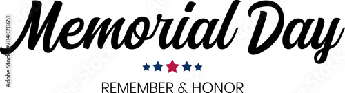 Happy Memorial Day design. Remember and honor. USA national holiday. Lettering banner. Lettering greeting card. Poster, template. Hand drawn. Red and blue stars. Vector Illustration.