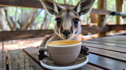 A baby kangaroo is holding a white coffee cup in its mouth. scene is playful, lighthearted, the kangaroo seemingly enjoying the experience of holding the cup. baby kangaroo bringing a cup of coffee