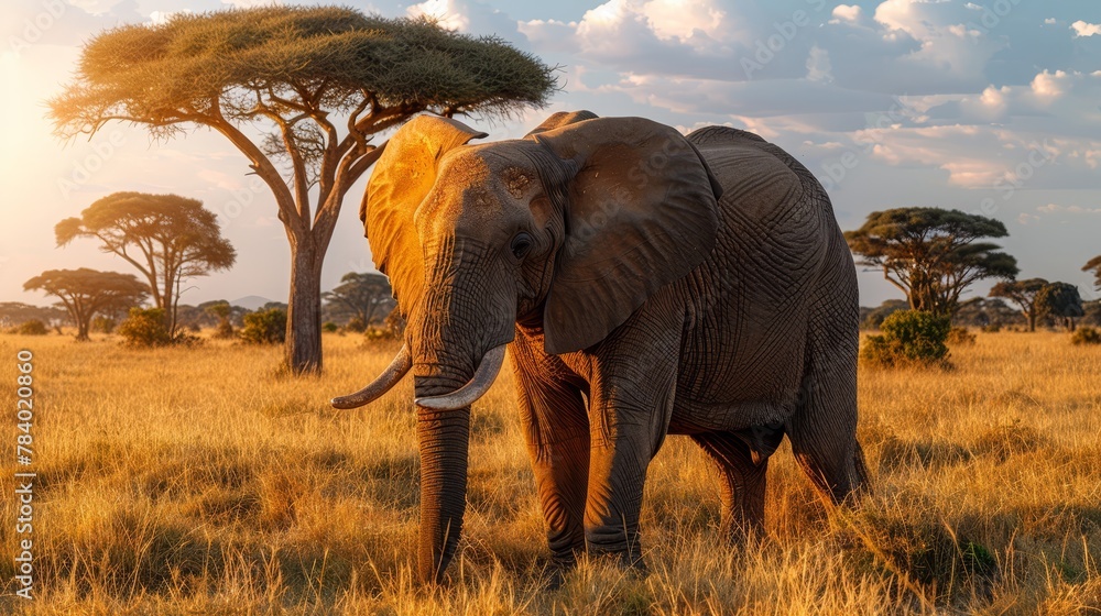 Fototapeta premium An elephant stands in a grassy field, surrounded by trees, against a backdrop of a blue sky dotted with clouds