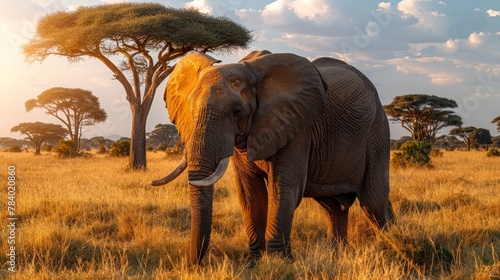  An elephant stands in a grassy field, surrounded by trees, against a backdrop of a blue sky dotted with clouds