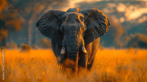   A tight shot of an elephant in a sea of tall grass, dotted with trees, and a yellow sky looming behind © Anna