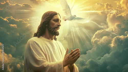  Jesus Cristo e pomba da paz, luz e nuvens ao fundo