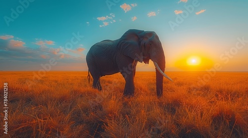   An elephant silhouetted against a sunset-tinged sky  surrounded by clouds