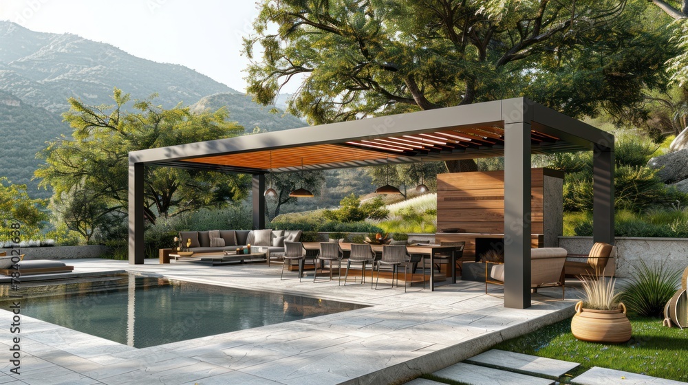 Fototapeta premium Nature's Retreat - A modern pergola nestled in a lush garden, the perfect blend of luxury design and natural serenity for relaxation.